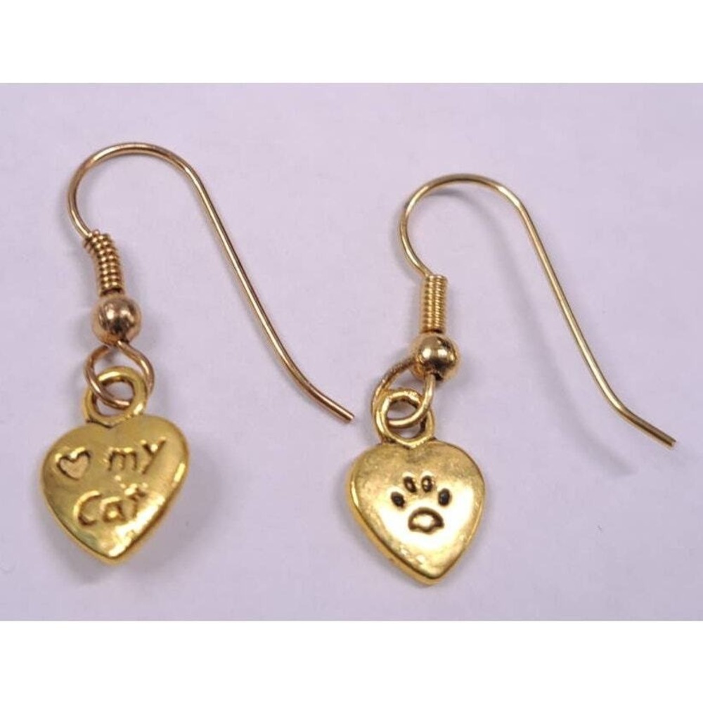 New I Love My Cat Paw Heart Kitty Feline Lover Paw Foot Print Earrings Gold Tone